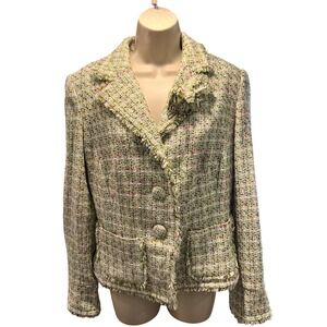 I.C.E Tweed Jacket 10 Lime Green Blazer Fringe Woven Silk Blend Y2K
